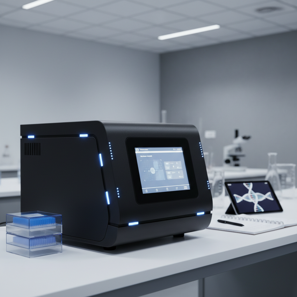 A close-up photograph of a state-of-the-art next-generation gene sequencer, its smooth matte-black panels and precise touch interface accented by glowing blue indicator lights. The sequencer is positioned on a perfectly tidy white lab workstation, with only a few neatly stacked pipette tip boxes and a single open notebook nearby. The environment is airy and uncluttered, accentuated by neutral-toned walls and clear lab glassware in the periphery. Cool, soft laboratory lighting highlights the subtle textures and clean lines of the equipment, giving the scene a sophisticated and professional feel. Captured at a three-quarter angle with the device as the focal point, the composition is balanced, structured, and emphasizes a corporate, modern aesthetic aligned with innovation in transplant genetics.